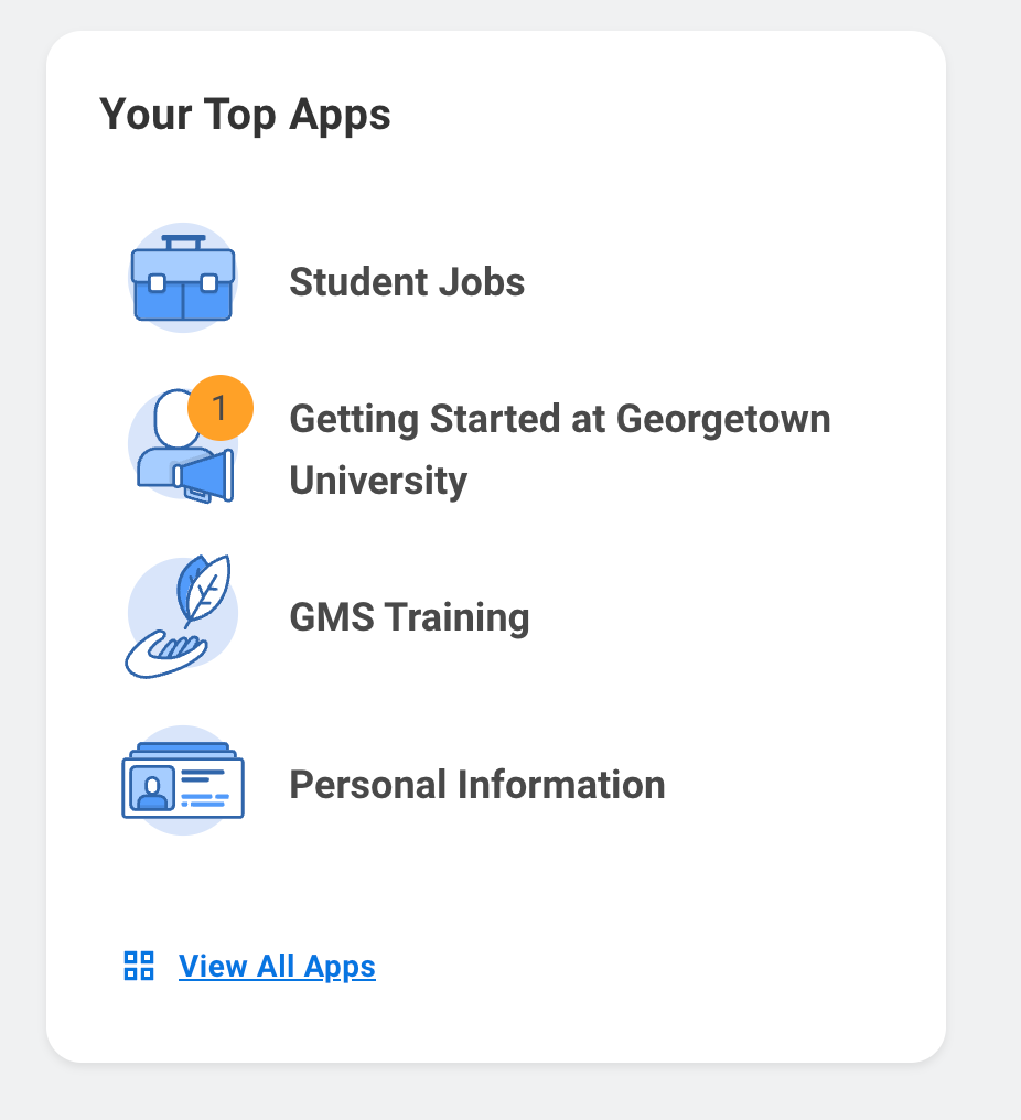 Screenshot of GMS showing various apps in the website, including "student jobs", "getting started at Georgetown University", GMS Training", and "Personal Information"